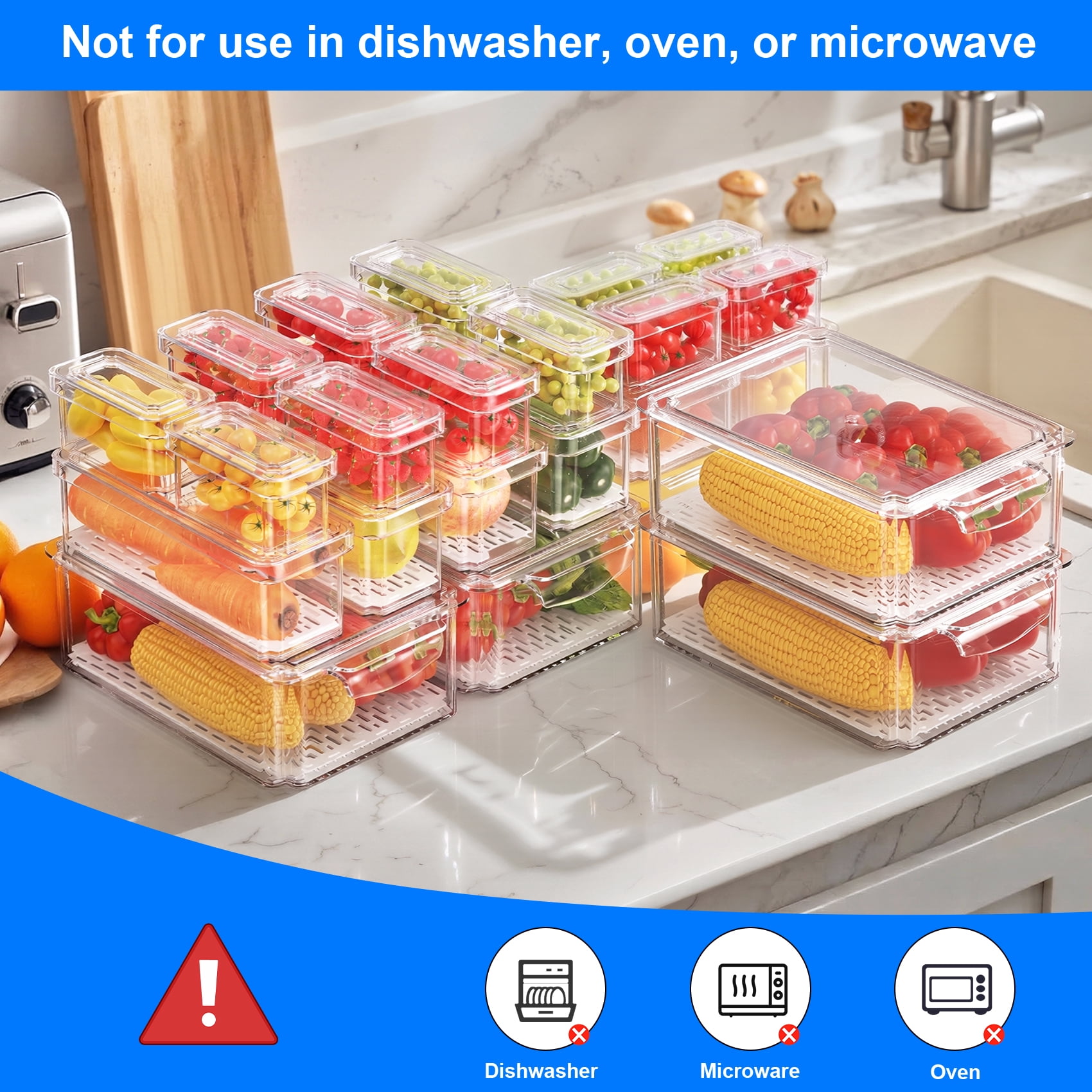 14 Pack Clear Fridge Organizers with Lids, Stackable Food Storage Containers with Drain Board, Kitchen Produce Saver for Fruit, Vegetable and Meat