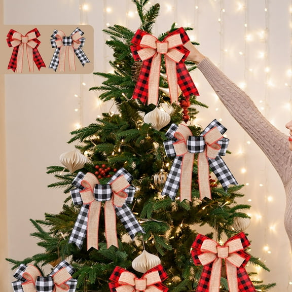 MXTPOV Bows for Christmas Tree, Burlap Black Buffalo Plaid Bows, Vintage Christmas Bows for Wreath, Rustic Crafts Christmas Decorations, Home Decor, 6.3*8 in