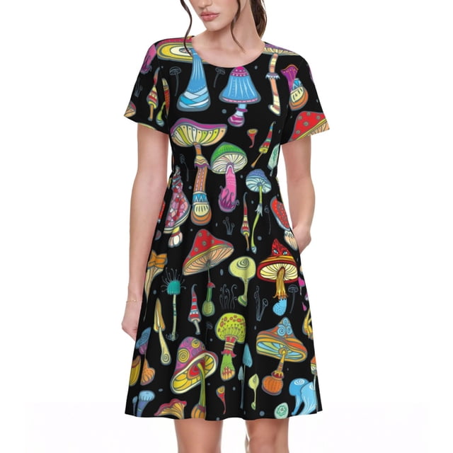 Vsdgher Champignons Lumineux pour Femmes Été 2025 Robes Midi Maxi Décontractées Légères Manches Courtes Col Rond Robe de Plage