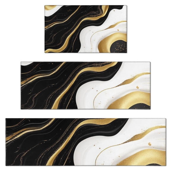Black White Gold Marble Pattern Kitchen Rugs Sets Of 3,Kitchen Runner Rugs Non Skid Washable,Decorative Kitchen Floor Mats for Kitchen,Sink,Laundry,17"x30"  17"x47"   17"x59"