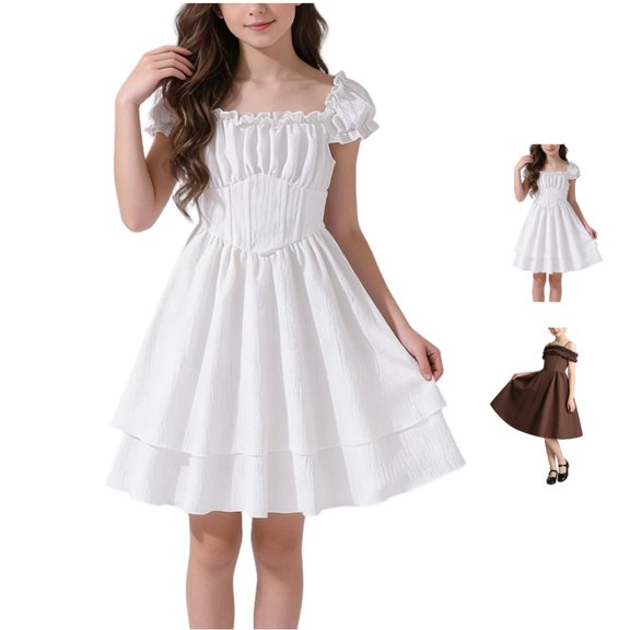 Afuyipoi Big Girls Solid Color Casual Dress (8-13 Years) Summer Short Sleeve Puff Sleeve Ruffle Hem Skirt Soft Comfort Outfits for School and Party White 9/10