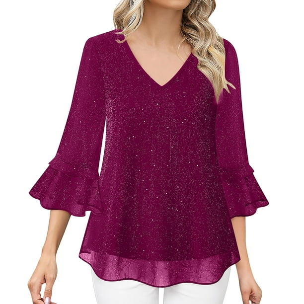 Ounisa Womens Ruffle 3/4 Sleeve V Neck Double Layers Mesh Blouses Loose Fit Flowy Tunic Tops