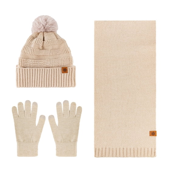 3 Pcs Winter Satin Silk Lined Beanie Hat Long Knit Scarf Touchscreen Wool Gloves Set for Women Men