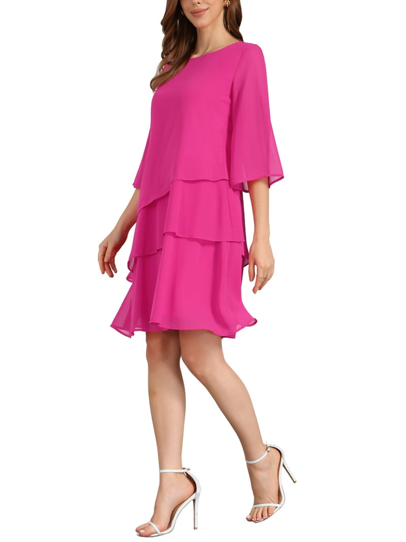 Inspire Chic Women's Chiffon Dress Ruffle Tiered Flowy 3/4 Sleeve A-Line Knee Length Dress Hot Pink M, Size: Medium, Black