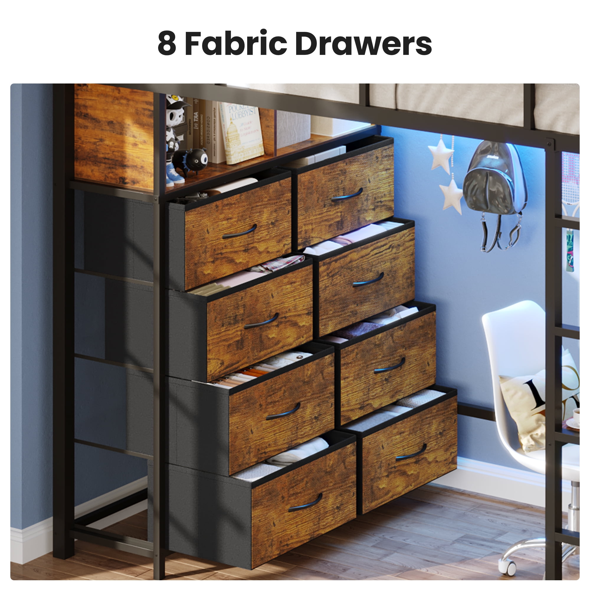 Afuhokles Twin Size Loft Bed with Desk and 8 Storage Drawers and Charging Station, Metal Loft Bed Twin with LED Lights, Storage Shelves, Black