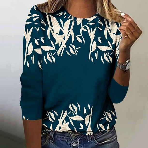 ICHUANYI Clearance Fashion Women Casual Long Sleeve Printing Round Neck Loose T-Shirt Blouse Tops(Navy, XXL) ICHUANYI WER2023081005207