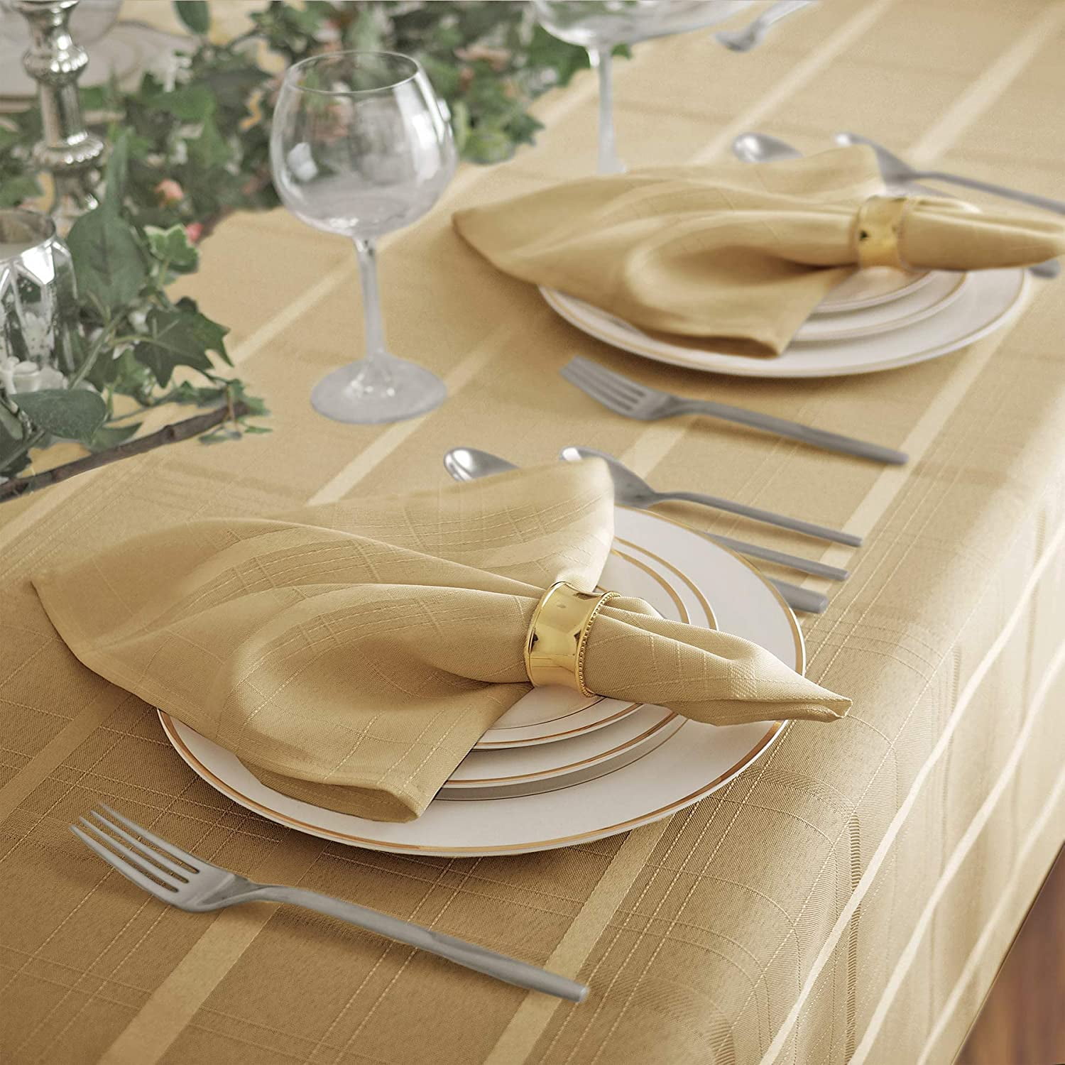 Newbridge 70 Inch Round Fabric Tablecloth, Elegance Plaid, 100% Polyester, No Iron Soil Resistant Dining Room, Party and Banquet Table Cover, Solid Textured, Ribbon Gold