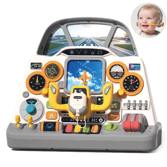 Plustopoy Baby Airplane Dashboard Toy ,Cockpit Steering Wheel Pretend to Fly Experience Kits with Light and Sounds, Jet Pilot Simulator Plane Driving Toy for Ages 3 