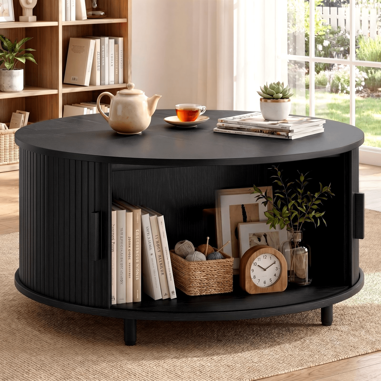 ROGALIS 31.5" Round Coffee Table with Storage, Modern Coffee Table with 360° Curved Sliding Door, Fluted Wood Coffee Table with Adjustable Footpads for Living Room, Black