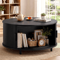 thumbnail image 2 of ROGALIS 31.5" Round Coffee Table with Storage, Modern Coffee Table with 360° Curved Sliding Door, Fluted Wood Coffee Table with Adjustable Footpads for Living Room, Black, 2 of 6