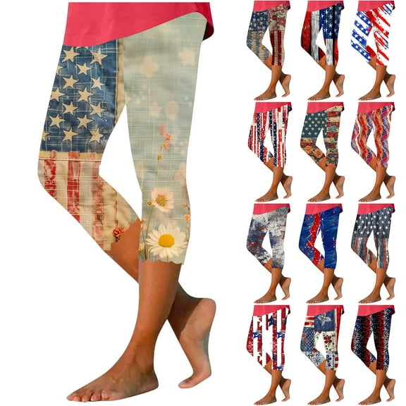Wiyuqeen 4th of July Capri Leggings for Women High Waist American Flag Pants Stretchy Slim Fit Yoga Gym Leggings Plus Size Holiday Capris