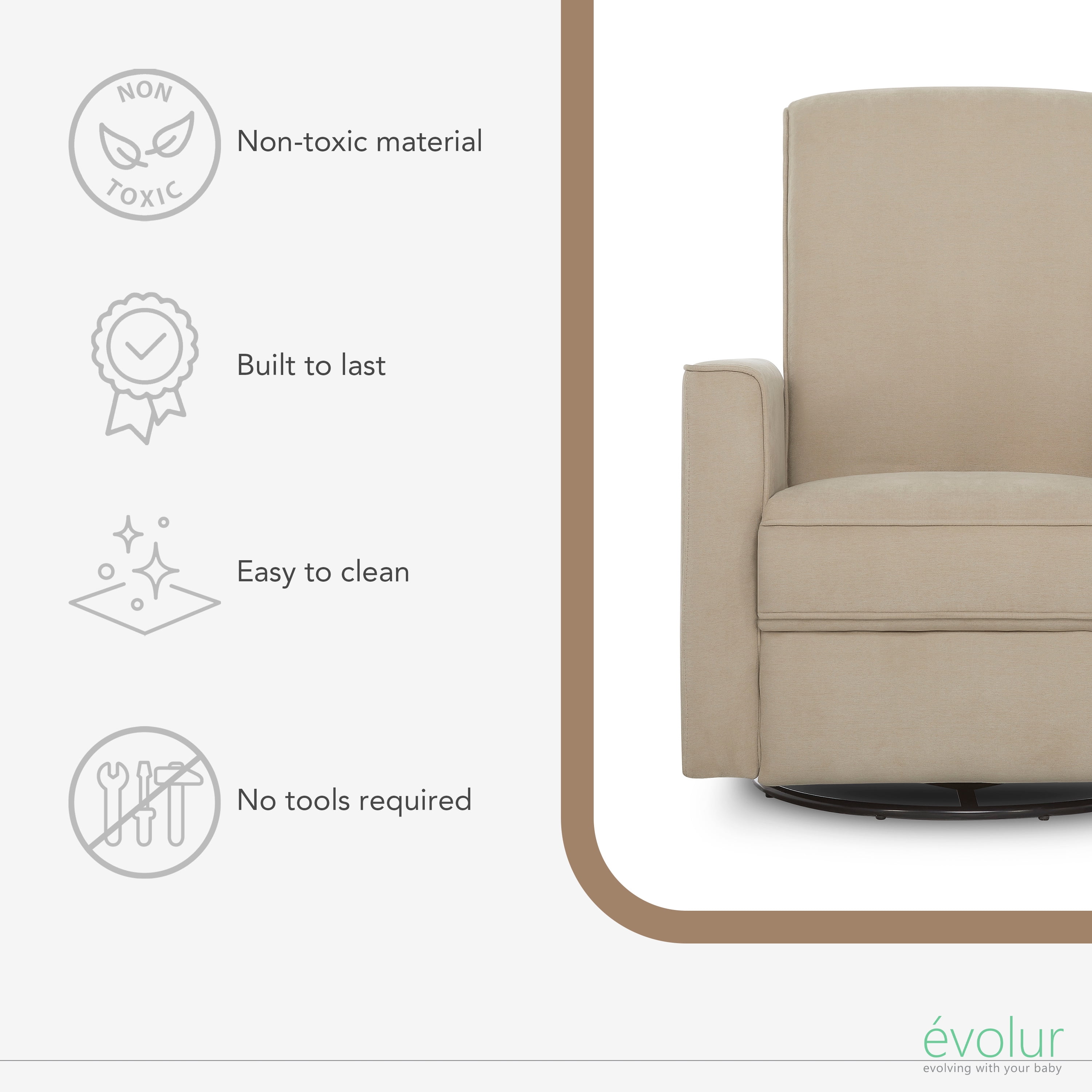 Evolur Harlow Deluxe Upholstered Plush Seating Glider Swivel, Power Recliner with USB Port, Greenguard Gold Certified, Glider Chair for Nursery, Fawn