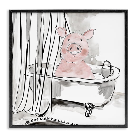 Stupell Industries Minimal Bathtub Piggy Animals Painting Black Framed Art Print Wall Art, 12 x 12