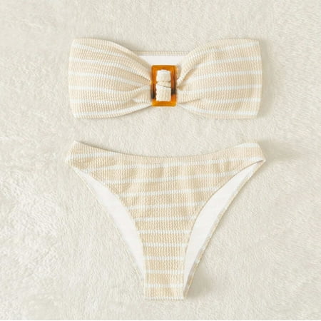 Babysbule Womens Two Piece Swimsuit Women s Fashion Stripe Color Matching Split Bikini Sets Solid High Waist Beachwear Set