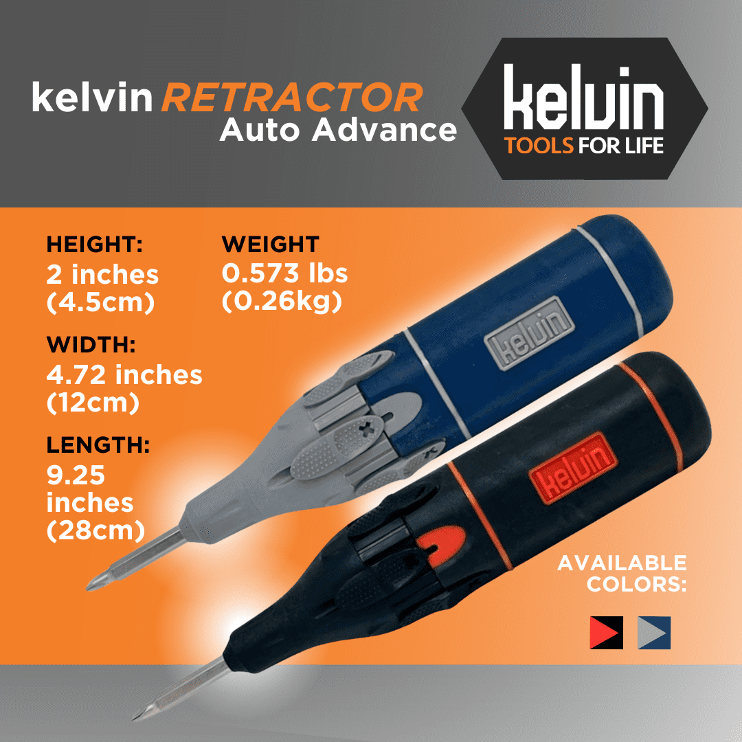 Kelvin Tools Retractor Auto Advance – Automatic Multi-Bit Screwdriver, 6-in-1 Autoloader Tool with Spring-Loaded Lock System, Compact Multitool for Men and Women, Made in North America