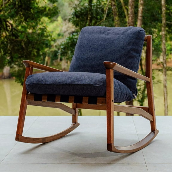 Grain Wood Furniture Solid Wood Mid Century Rocking Chair with Indigo Blue Cushions