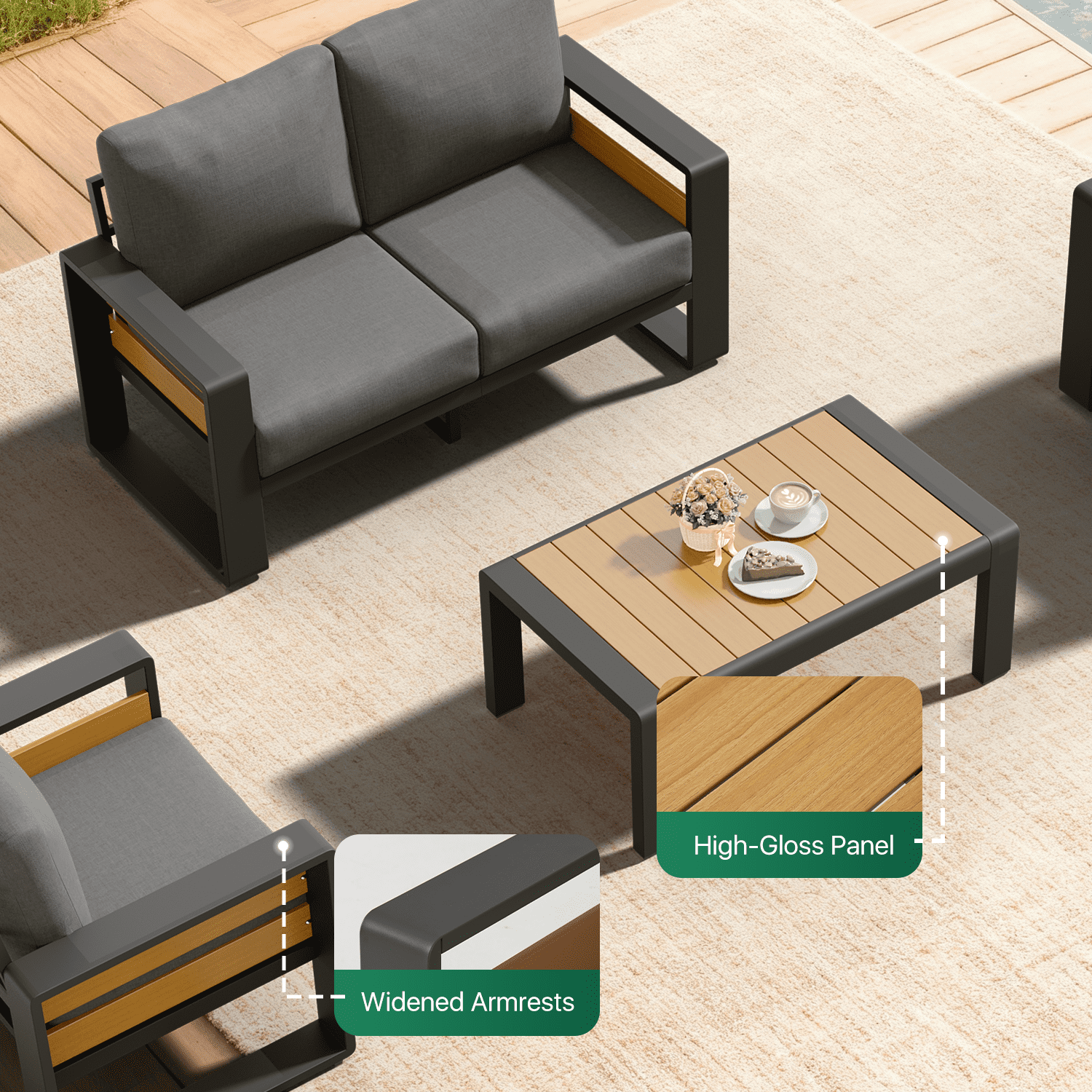 Clouddwell 4-Seats Aluminum Patio Furniture Set, Outdoor Metal Sofa Conversation Set with Coffee Table for Pool Garden Porch Backyard, Dark Gray