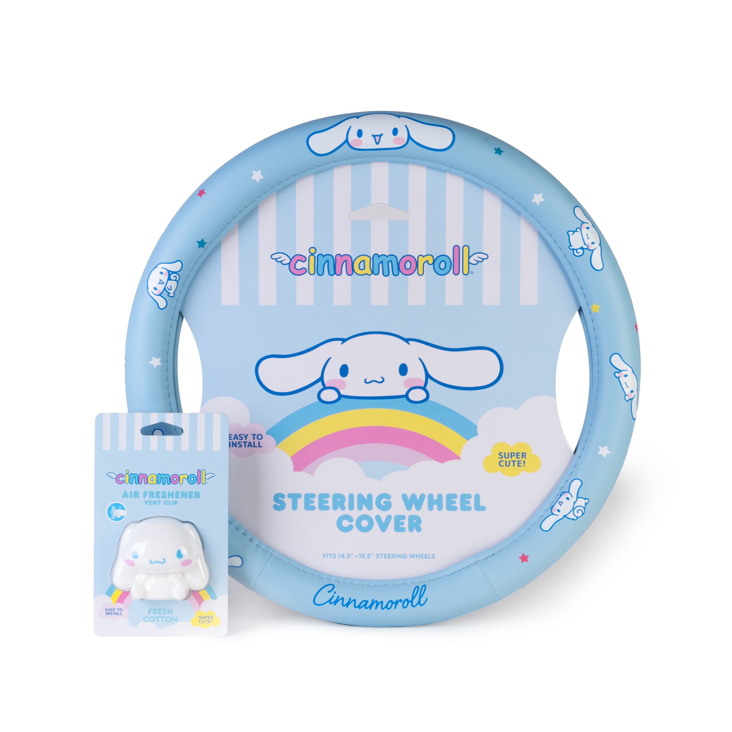 Official Sanrio Hello Kitty Cinnamoroll Steering Wheel Cover with Easy Clip-on Car Air Freshener, Odor Eliminator, Fun Scents