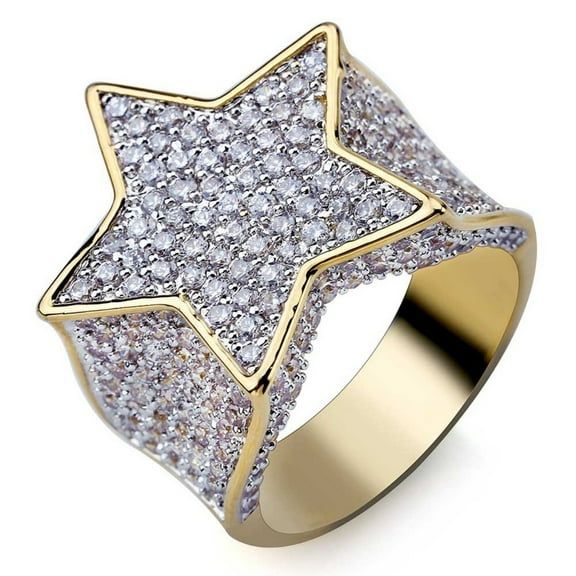 Bling Fashion Punky Rapper Luxury Star Rings for Men 18K Gold Plated Shiny Big Iced out Hip Hop Cubic Zirconia Men Engagement Rings