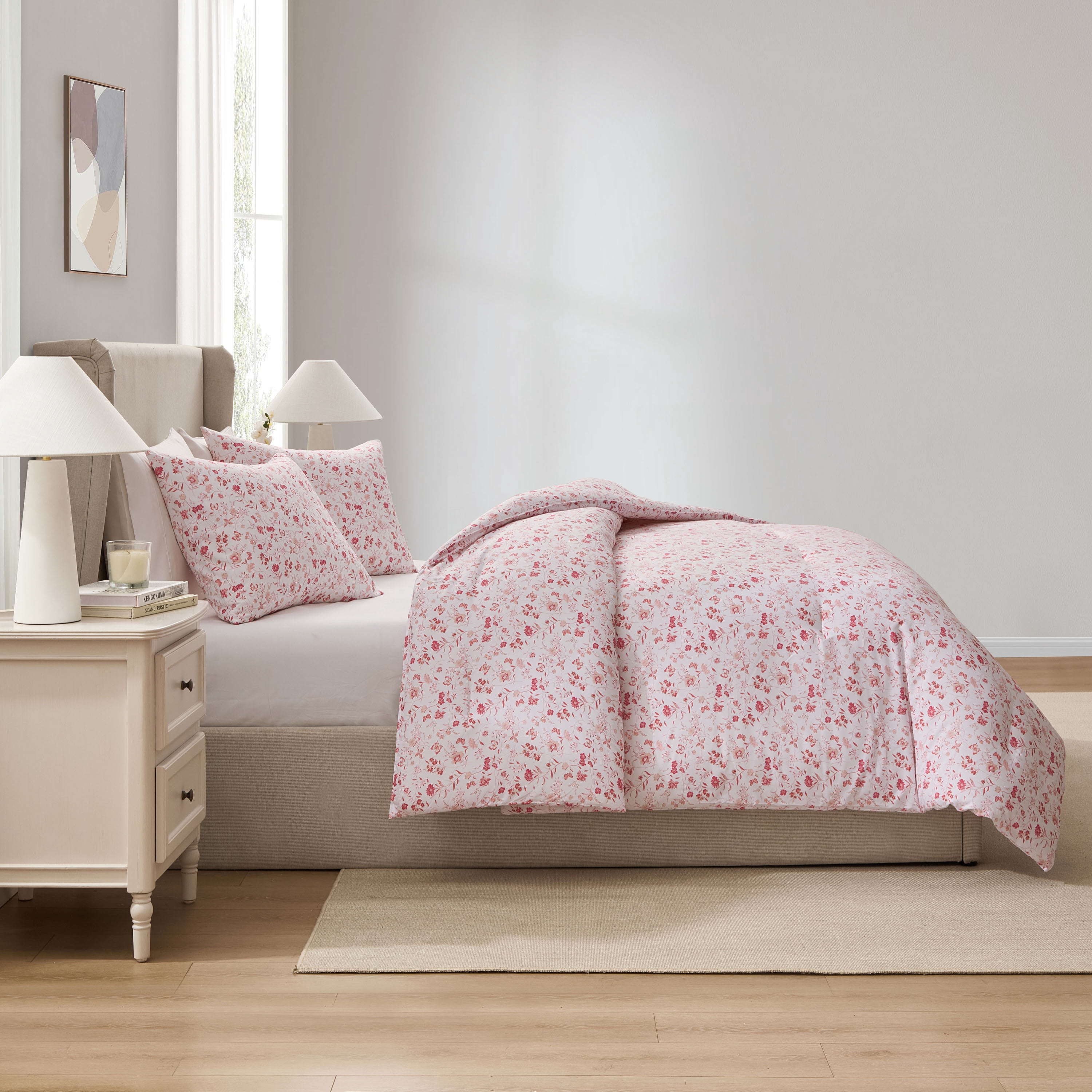 LammaLoe King Size Comforter Sets, 3 Piece Floral Bedding Comforter Set with Sheets, Bed in a Bag, Pink