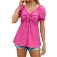 thumbnail image 4 of Hibeli Women V Neck Lace Up Ruffled Puff Short Sleeve Solid Color Pullover Top, 4 of 7