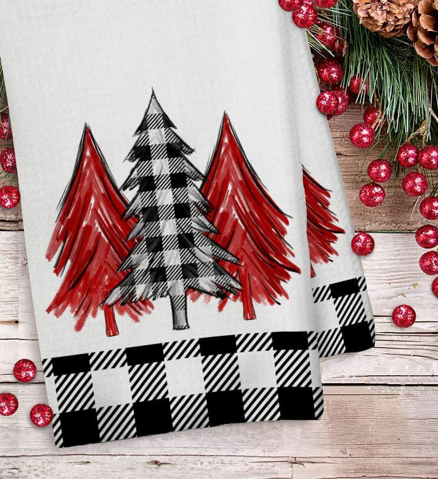 Artoid Mode Black Red Merry Christmas Kitchen Towels Dish Towels, 18x26  Inch Buffalo Plaid Winter Xmas Trees Star Decoration Hand Towels Set of 2