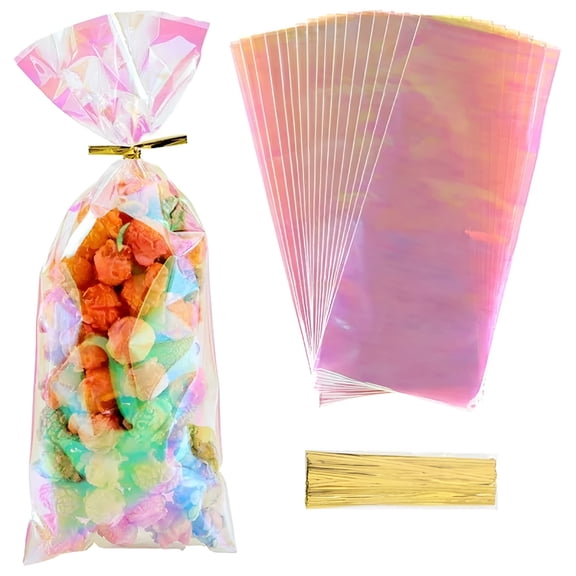 CCOCC 100Pcs 4 x 10 Inch Cellophane Bags Clear Bags with Ties Holographic Iridescent Pink Plastic Favor Pouch for Party Gifts Wedding Candy Popcorn Cookies Packing Valentine Snack Packet