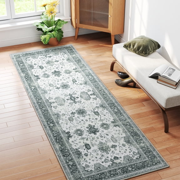 WANLISELL 2'x6' Boho Runner Rug, Non-Slip Machine Washable Area Rug Distressed Vintage Floor Carpet for Bedroom Kitchen Living Laundry Room, Green/Beige