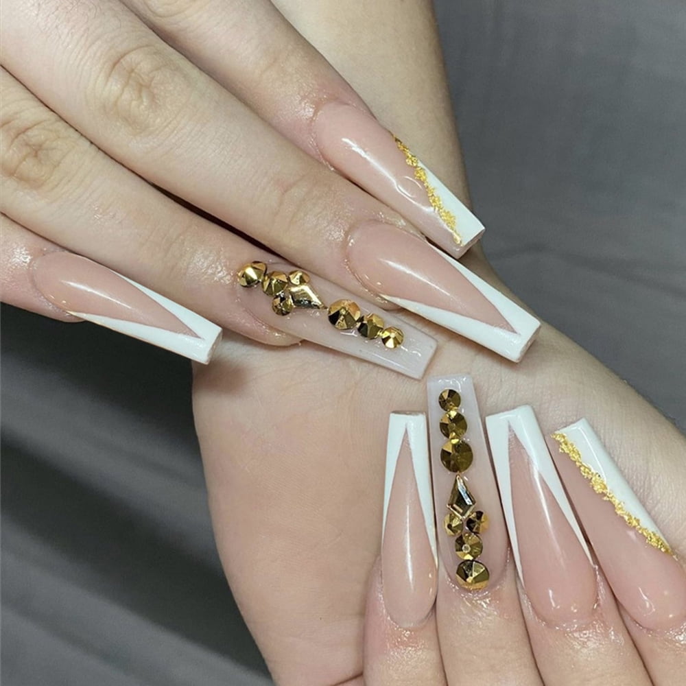24PCS Super Long Press on Nails Cute Gold Gems Design Full Coverage Nails -  Walmart.com