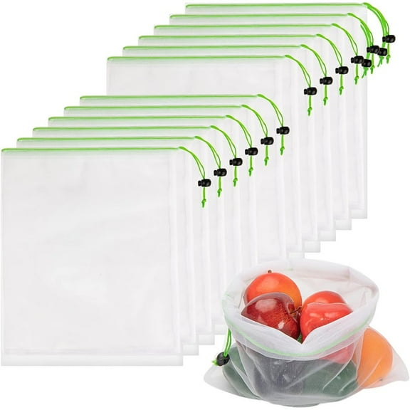 Set of 12 Reusable Mesh Produce Bags - Medium (12"x14") - Green - Polyester - Washable - Drawstring Closure