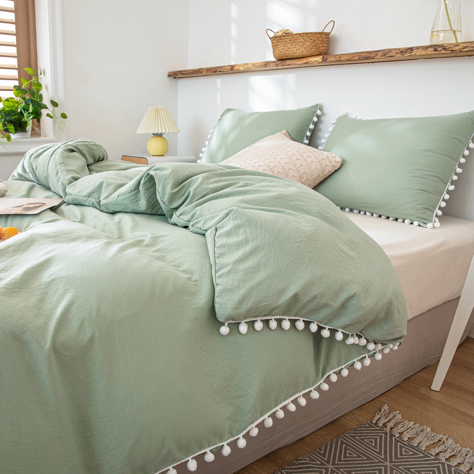 Bedbay Sage Green Pom Poms Bedding Sets Queen White Ball Fringe Pattern Soft Washed Microfiber