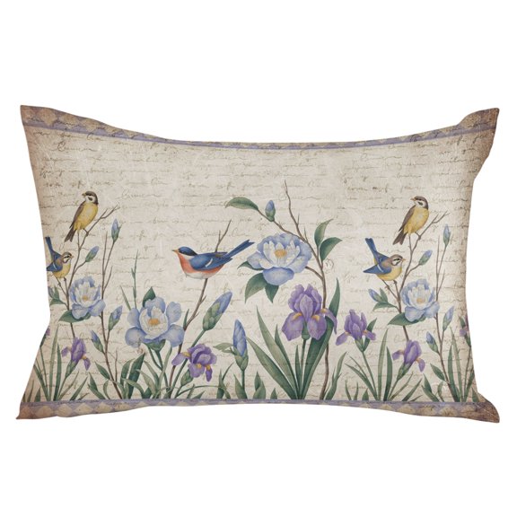 Waterproof Outdoor Throw Pillows with Inserts 12"x20", Spring Flowers Soft Decorative Pillowcases for Couch Bedroom, Vintage Floral Leaves Birds Pastoral Botanical Pillow Covers for Sofa Living Room