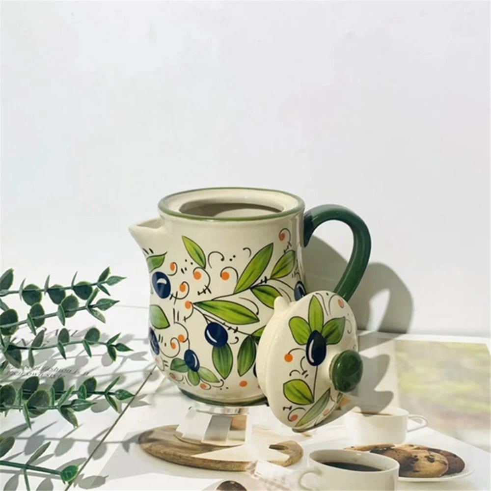 Green Ceramic Milk Pitcher With Handle And Lid Home Kitchen Sauce Pot Gravy Boat