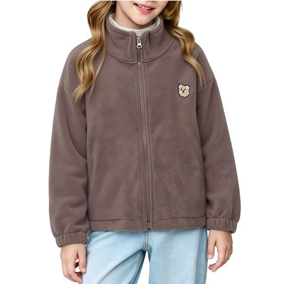 Samdudou Girls Fleece Jackets Warm Winter Coats Long Sleeve Zip Up Fall Outerwear Stand Collar Cute Animal Patch Coat for Kids School Daily Casual Vacation Layering Clothes Size 3-12 Years