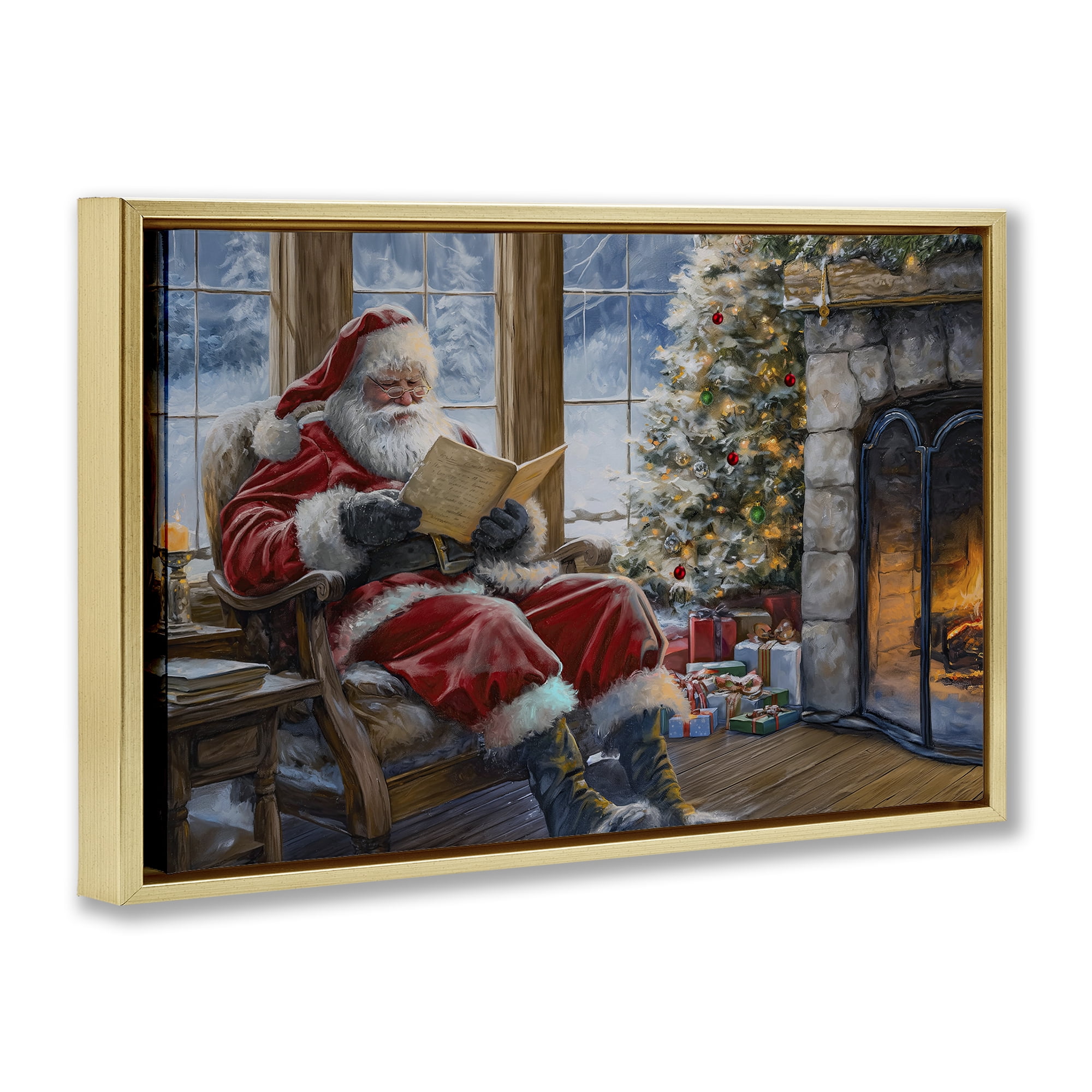 Stupell Industries Santa Reading by Fire Holiday Painting Gold Floater Framed Canvas Art Prints Wall Art, 25 x 17