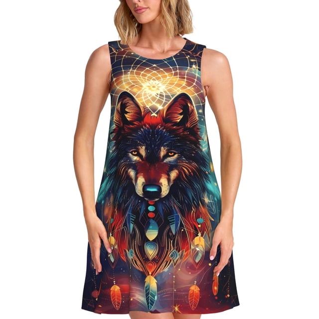 Disketp Mystic Wolf Dreamcatcher para Vestido sin Mangas para Mujeres, Vestidos de Verano para Mujeres, Casual y Holgado para la Playa