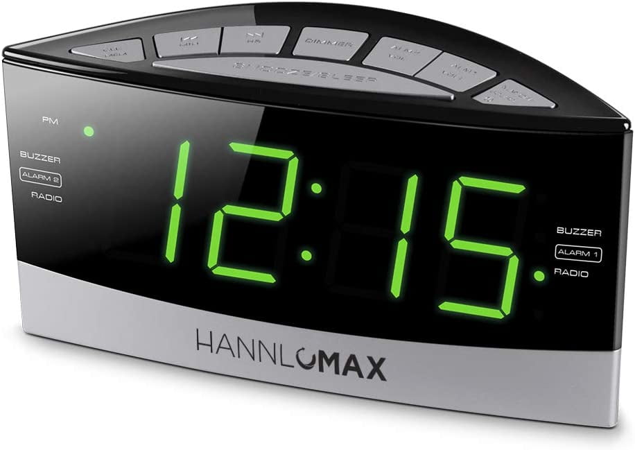 HX100 Dual Alarm Clock, AM/FM Radio, Green LED 1.8 Inches Display, Aux