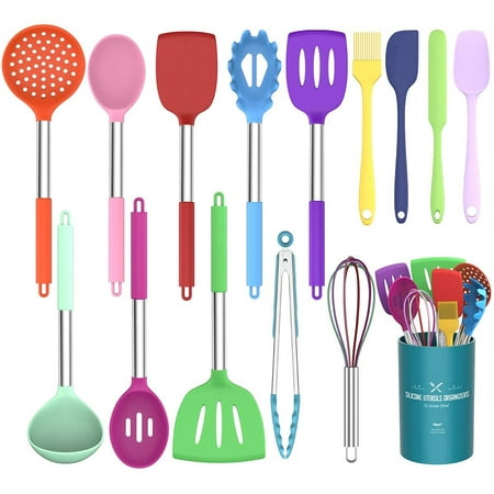 

Kitchen Utensils Set 15 pcs Silicone Cooking Kitchen Utensils Set Heat Resistant Non-stick BPA-Free Silicone Stainless Steel Handle Turner Spatula Spoon Tongs Whisk Cookware - Colorful