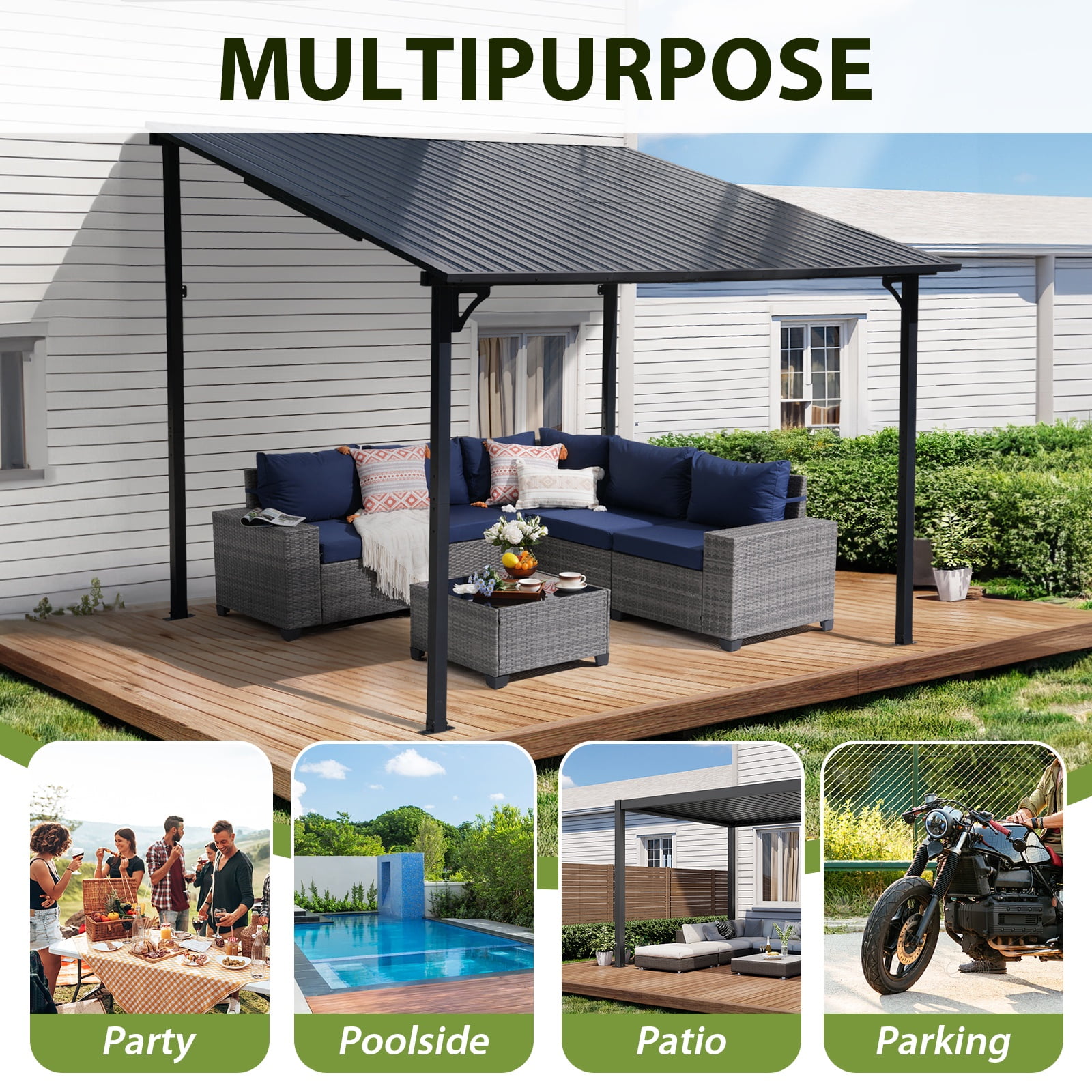 JOIVI 8' x 10' Outdoor Lean to Gazebo, Hardtop Wall Mounted Gazebo with Sloping Roof, Awnings for Patio with All-Iron Frame, Pergolas for Patio, Backyard, Deck