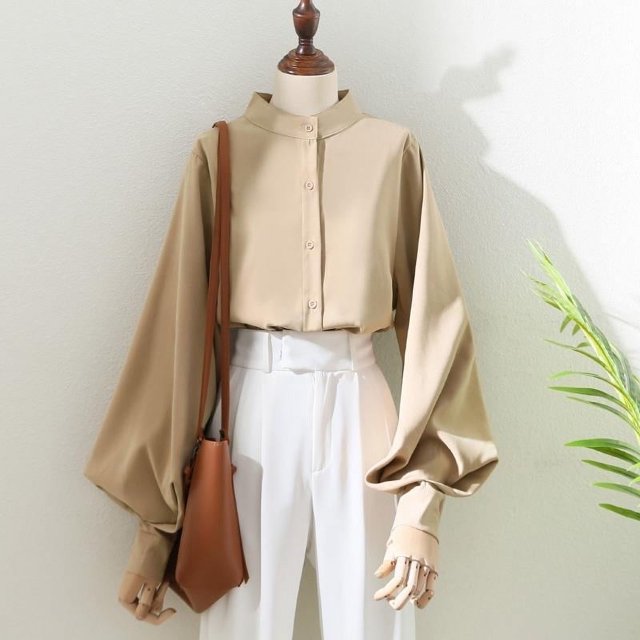 Blusa de manga larga holgada para mujer, camisa con cuello levantado, estilo primavera y otoño, DF4847
