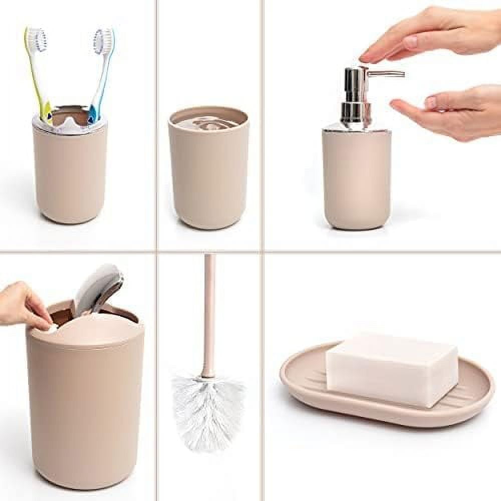 Moss & Stone 6 pcs Bathroom Accessories Set, Bathroom Decor Sets Includes Soap Dispenser, Toothbrush Holder, Toothbrush Cup, Soap Dish, A Bathroom Accessories Sets Complete (Beige)
