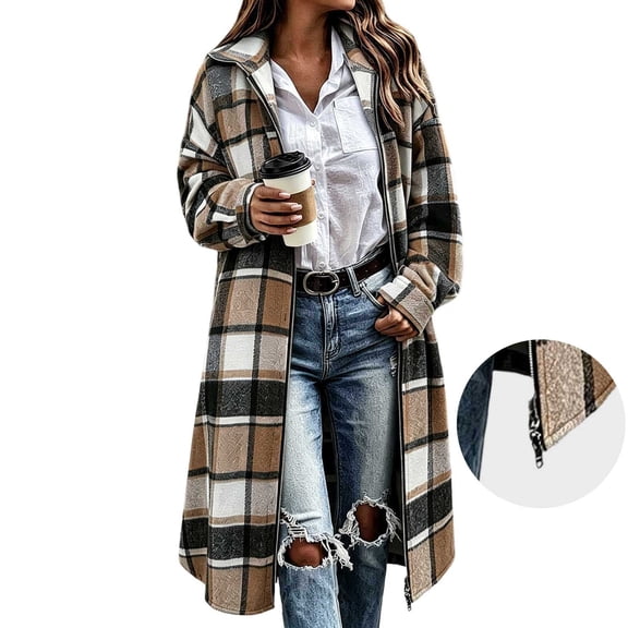 XUNKUSGA Womens Plaid Shacket Jacket Fashion Oversized Double Zipper Long Shirt Jacket Casual Lapel Long Sleeve Flannel Trench Coat Women with Pockets,S