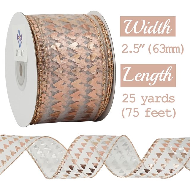 Christmas Rose Gold Wired Ribbon for Gift Wrapping, Wired Ribbon for