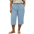 thumbnail image 5 of Womens Pull on Capris with Pockets, Plus Size Summer 3/4 Pants with Drawstring and Pocket Detail, Stretchy Solid Color Cropped Pants for Active Daily | TruHer,Light Blue 4XL, 5 of 6