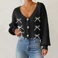 thumbnail image 2 of hoksml Women's Solid Color Buttons Knit Cardigan Bow Decorative Deep V-Neck Short Sweater Cover-Up Casual Lightweight Button-Up Top, 2 of 6