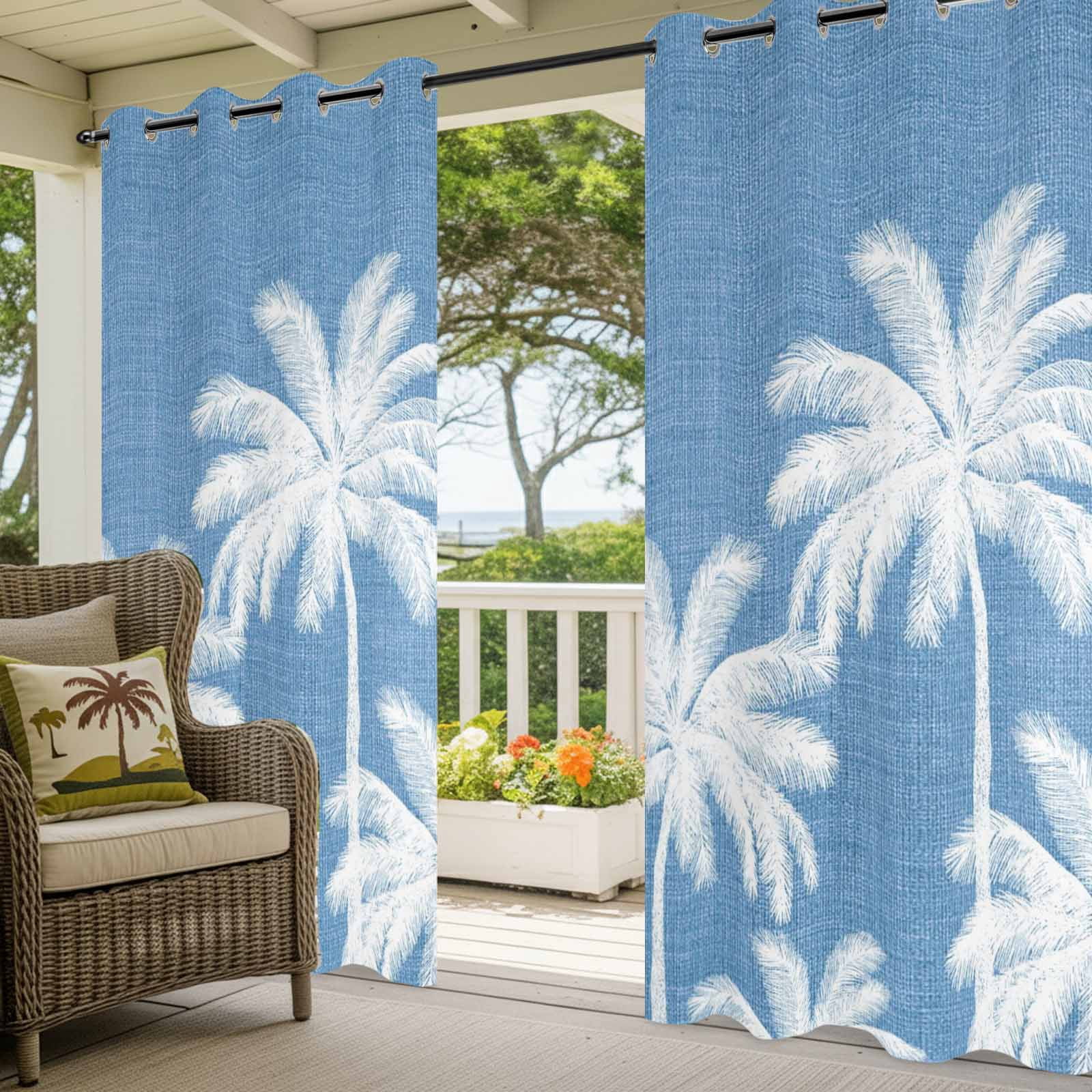 Blue Palm Trees Outdoor Curtains for Patio, Summer Beach Tropical Farmhouse Sunshade Privacy Drapes Grommet Waterproof Outside Curtains for Porch/Cabana/Balcony 54"x 108", 1 Panel