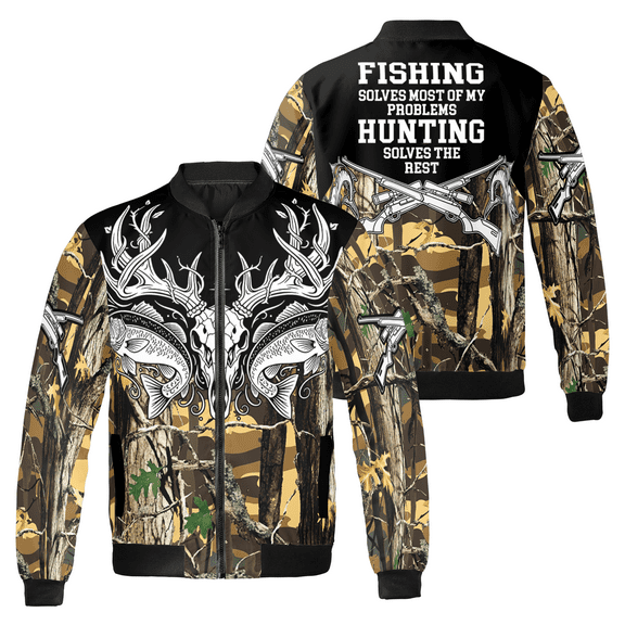 Fishing & Hunting Bomber Jacket -Outdoor Camouflage Design Jacket - Gift For Fishermen, Hunters