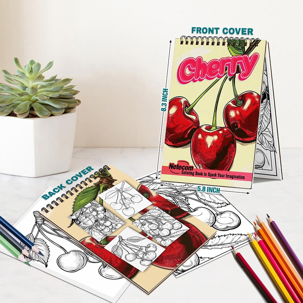 Netecom Cherry Coloring Book for Adults, A5 Wooden Cover, 30 Sweet and Juicy Pages of Cherry Coloring Pages for Stress Relief and Relaxation, Spiral Bound Edition