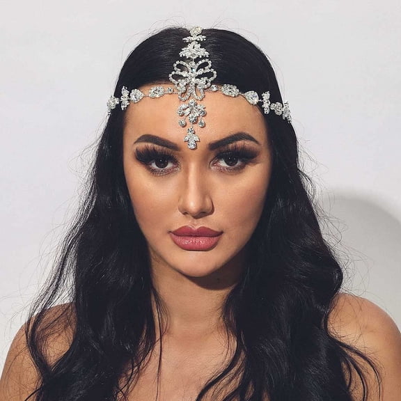 Rhinestone Head Chain Silver Forehead Wedding Crystal Headpiece Hair Jewelry Glitter Halloween Prom Hair Chain Accessories for Women and Girls