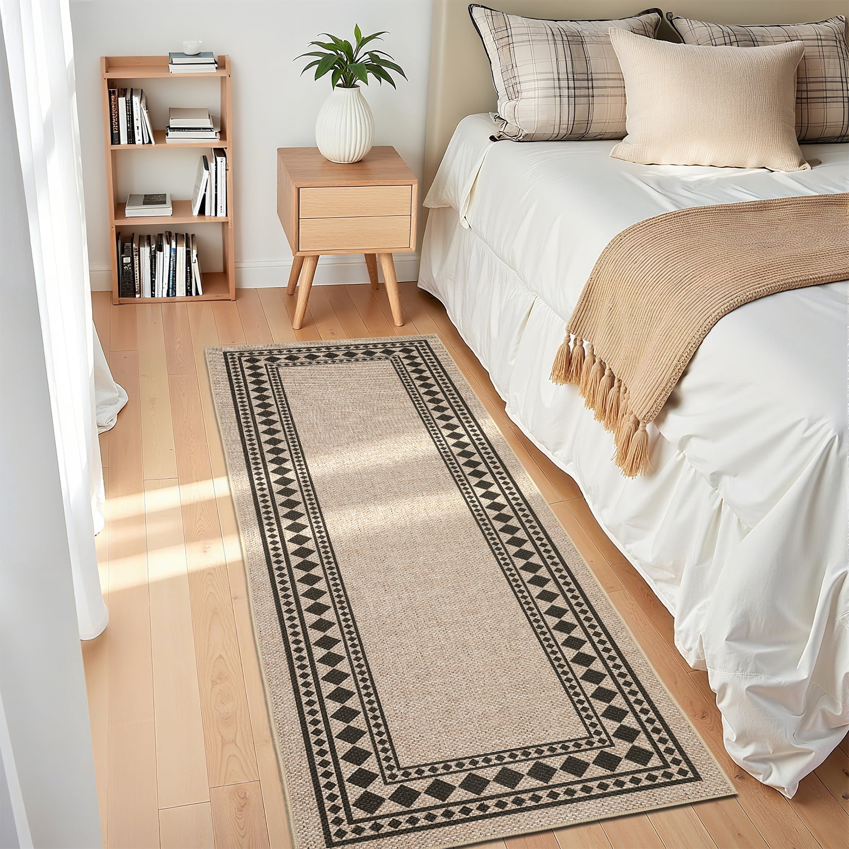Haperlare 2'x6' Washable Easy Jute Rugs Modern Bordered Carpet, Geometric Indoor Outdoor Rug Non Slip Low Pile Floor Mat for Living Room Bedroom Patio, Black White